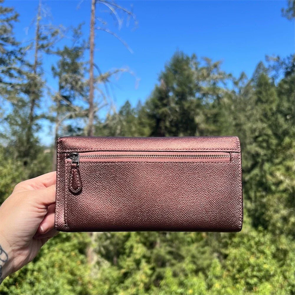 VINTAGE COACH Metallic Burgundy Crossgrain Leather Trifold Wallet AUTHENTIC